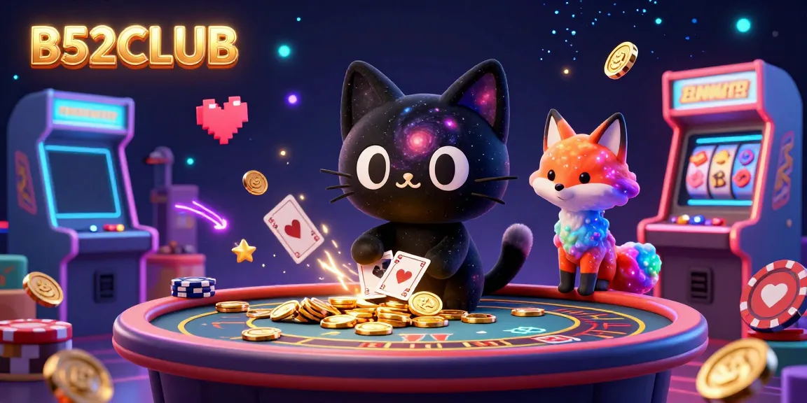 B52CLUB brings thrilling cosmic casino excitement with a black hole cat and colorful nebula fox pulling in chips and cards.