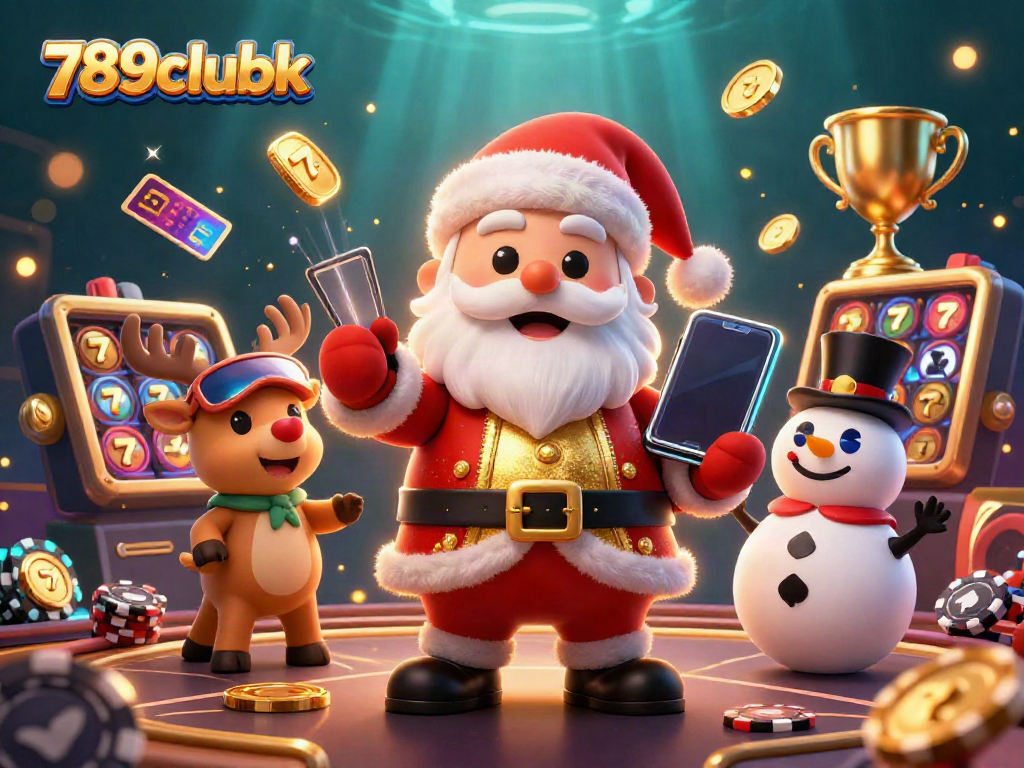 Join the excitement at 789clubk with Santa and friends celebrating jackpots among golden casino winnings.
