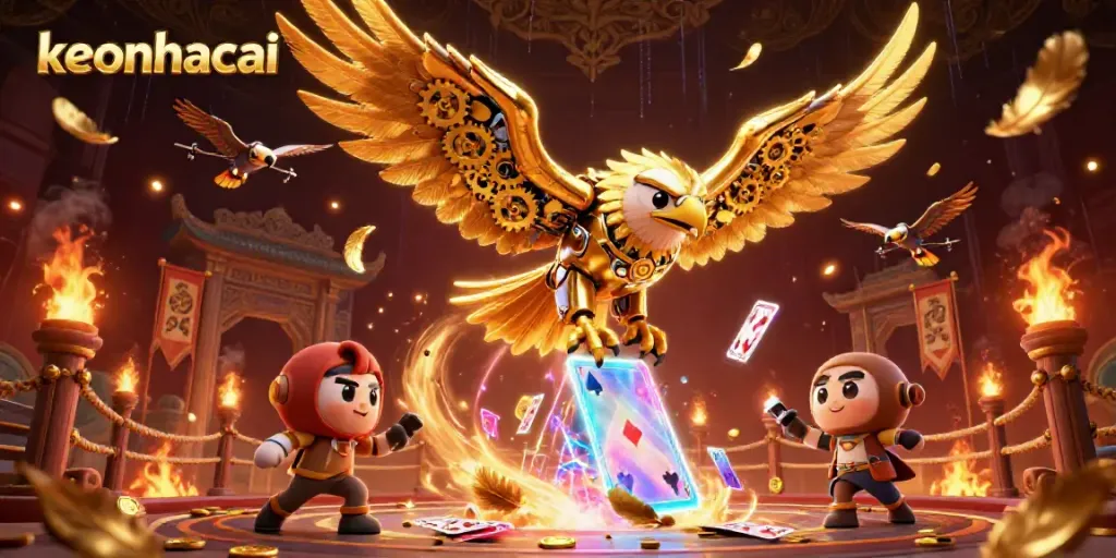 Experience the thrill of keonhacai with a cybernetic eagle soaring through holographic cards.