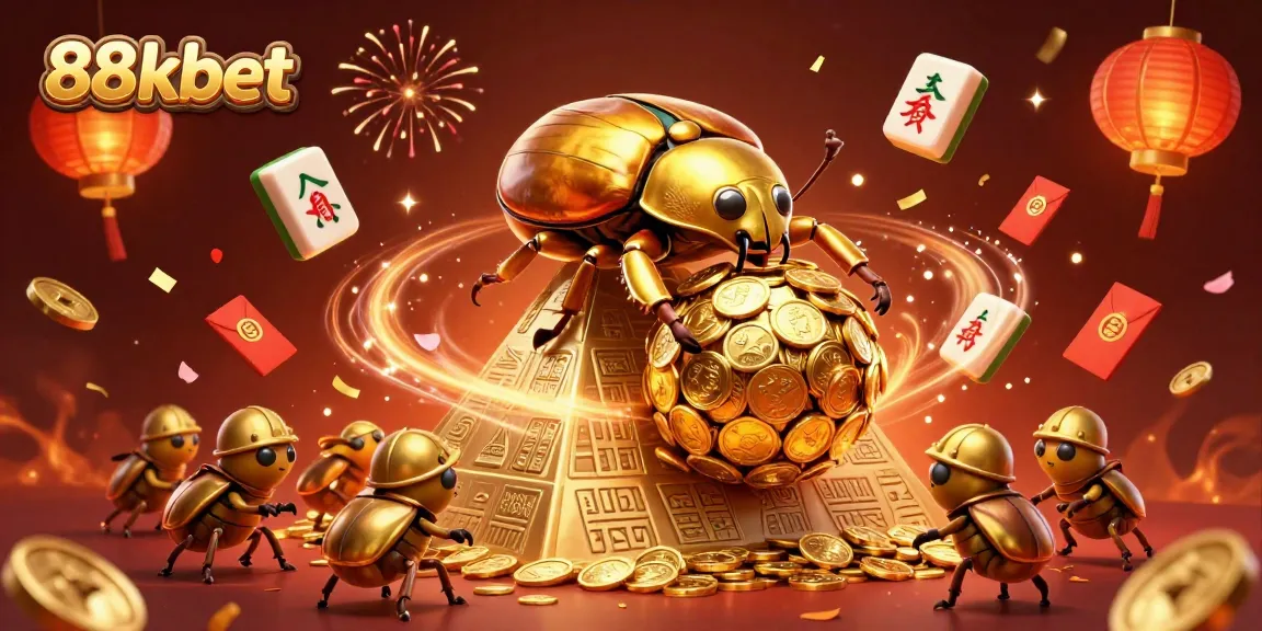 Experience thrilling casino excitement with a golden dung beetle and coins in a vibrant 88kbet illustration.