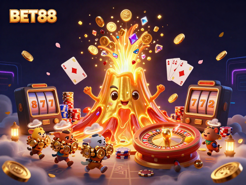 Experience thrilling moments at BET88 with vibrant casino elements and dynamic treasure eruption.