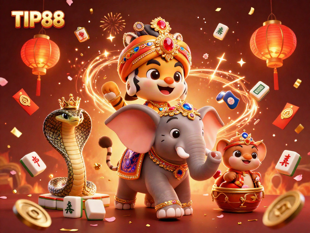 Experience thrilling gameplay with TIP88's vibrant 3D illustration featuring a jewel-encrusted elephant and animated games.