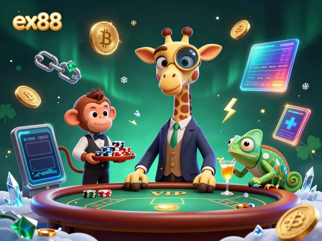 Experience thrilling bets with ex88 as a giraffe in a suit plays poker surrounded by crypto elements.