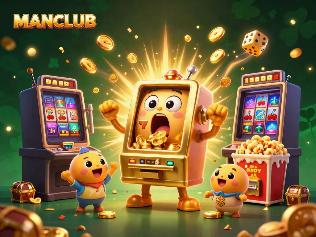 Experience the thrilling MANCLUB jackpot with a lively scene of slot machines and casino elements.