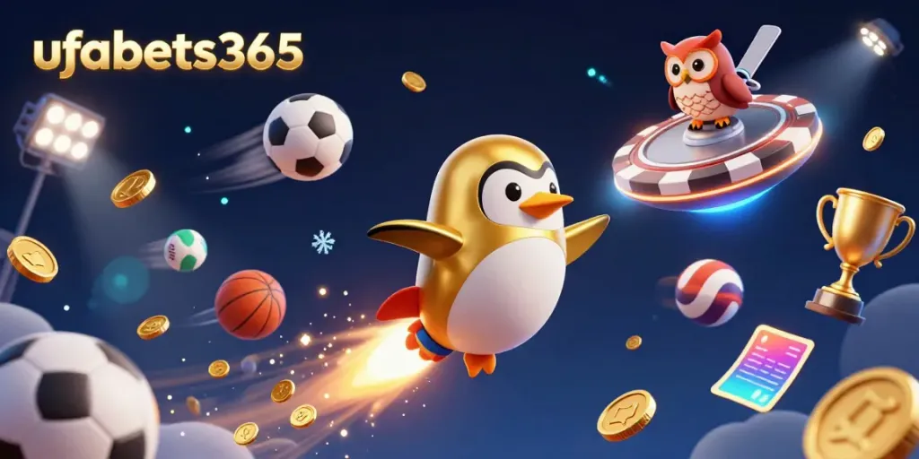 Experience ufabets365 with a golden penguin racing to a casino, surrounded by dynamic sports elements.