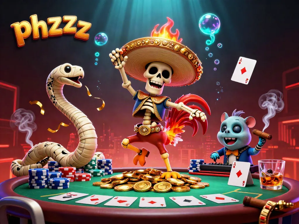 Spin the reels with phzzz: A cartoon mariachis' vibrant victory on a casino stage.