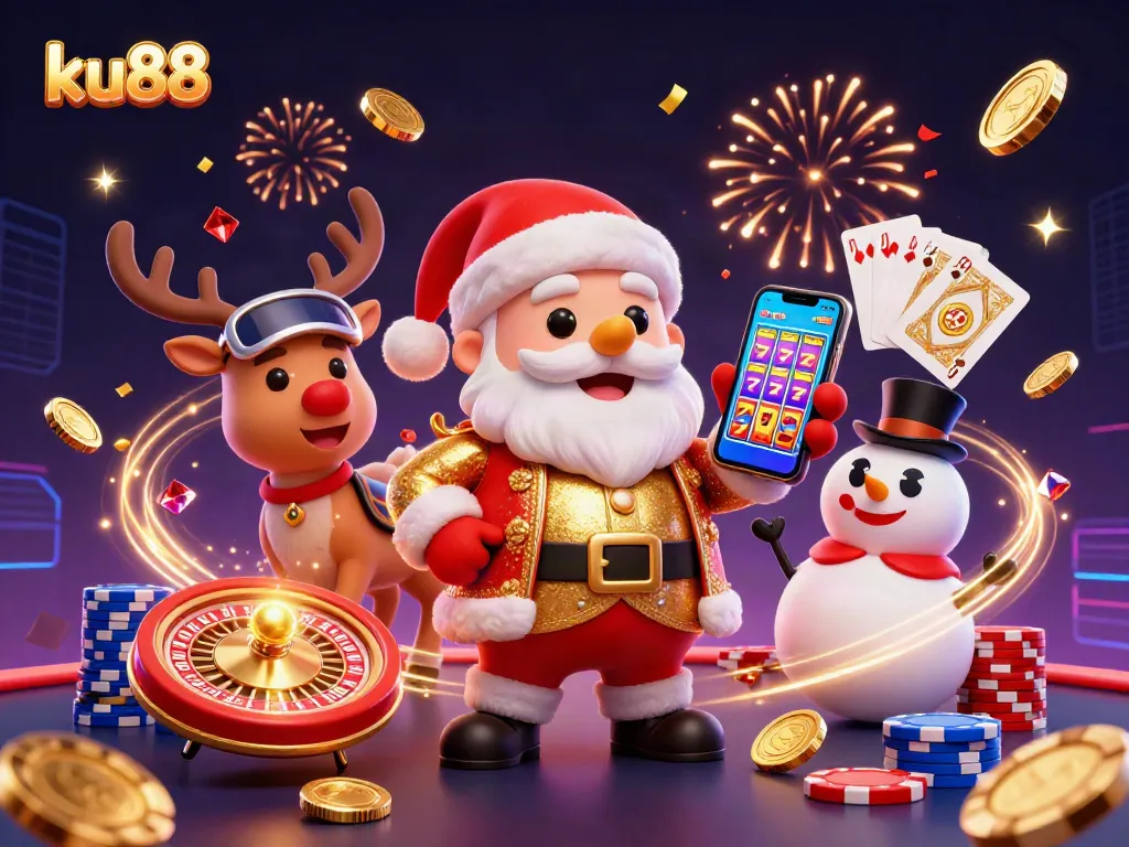 Spin to win at ku88 with Santa and friends in a vibrant casino atmosphere filled with excitement.