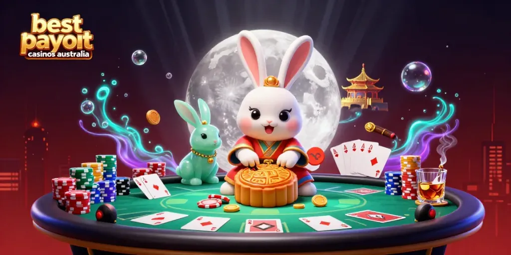 Engage with the best payout casinos Australia featuring a creative lunar scene with moon rabbits and poker elements.
