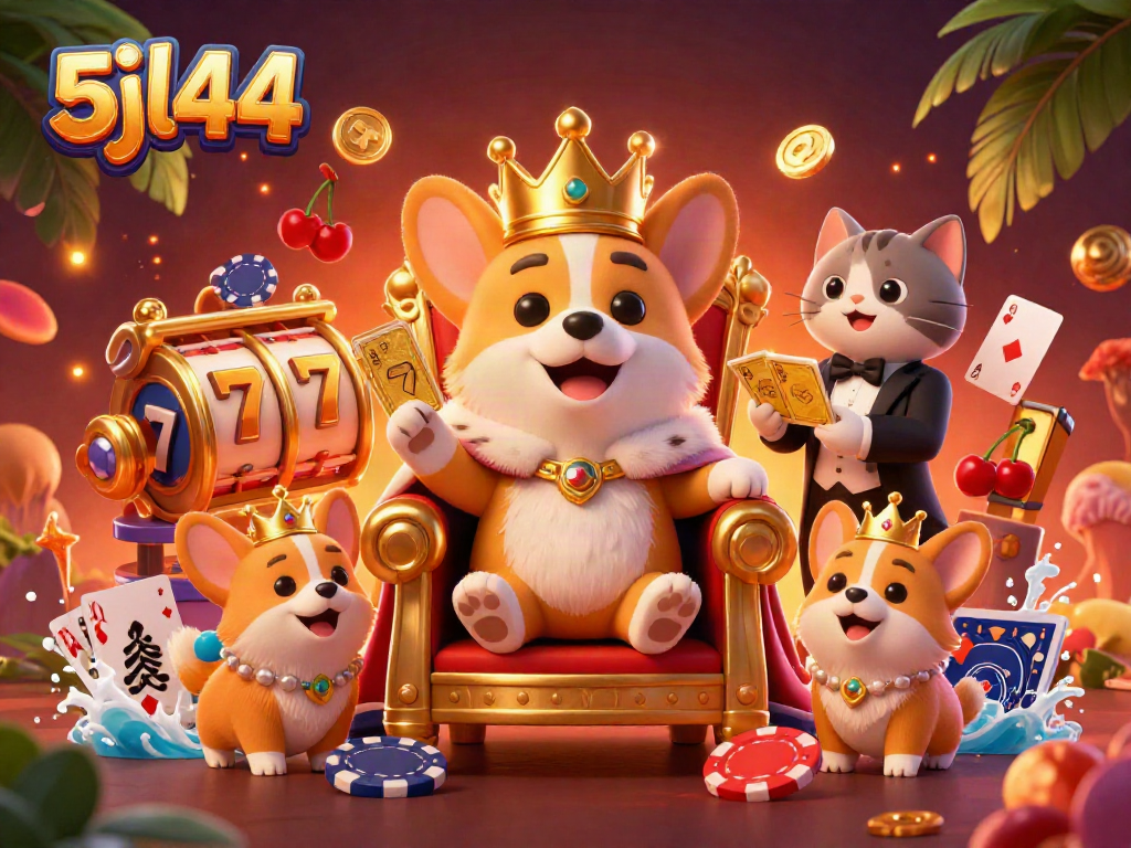Engage in fun with 5jl44 in a vibrant casino scene featuring a royal corgi and gaming elements.
