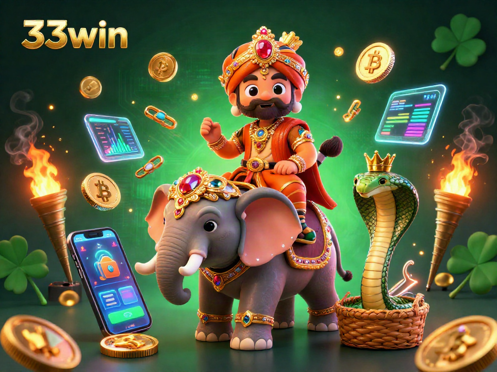 Engage with the vibrant world of 33win, where a maharaja tiger rides a jewel elephant amidst crypto elements.