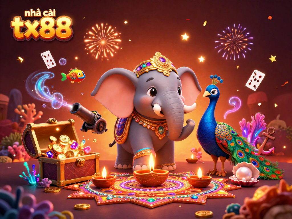Engage with nhà cái tx88 casino magic featuring vibrant 3D elephant, peacock, and festive gaming elements.