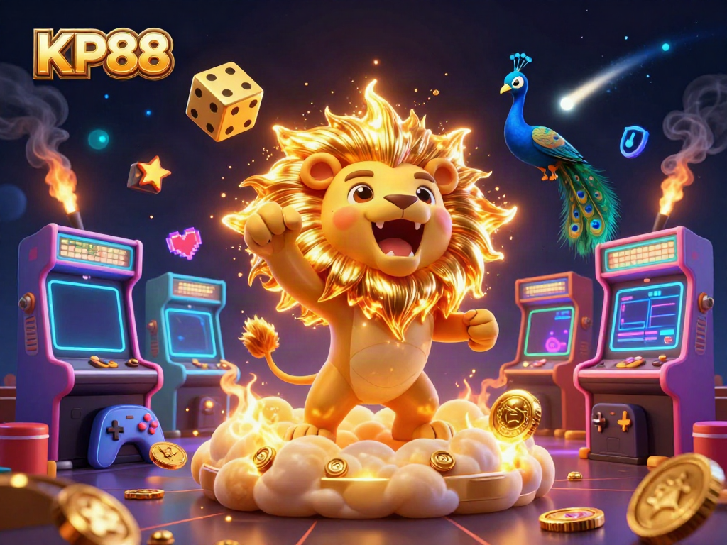 Engage in exciting gameplay at KP88 with a vibrant scene featuring a roaring sun lion and animated casino elements.