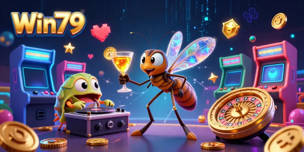 Experience the excitement of Win79 with a vivid scene of animated casino elements and characters.