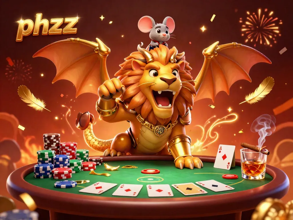 Engage with the phzzz powerhouse showcasing an epic 3D chimera and poker elements in a glamorous casino setting.