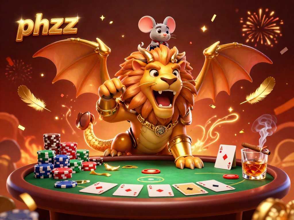 Engage with the phzzz powerhouse showcasing an epic 3D chimera and poker elements in a glamorous casino setting.