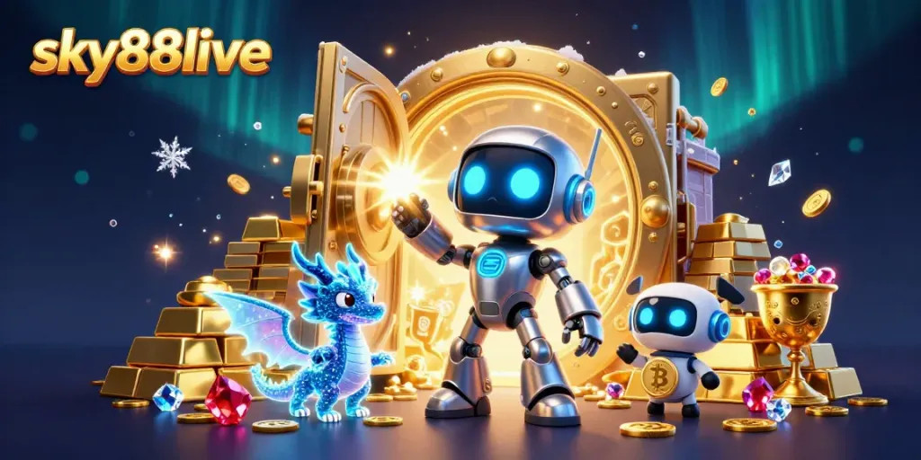 Engage with thrilling gameplay at sky88live, showcasing a vibrant 3D casino scene filled with treasures.