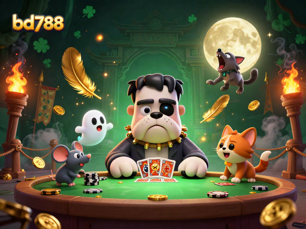 Deal cards in the bd788 casino with a 3D cartoon bulldog monster, ghost mouse, and werewolf kitten.