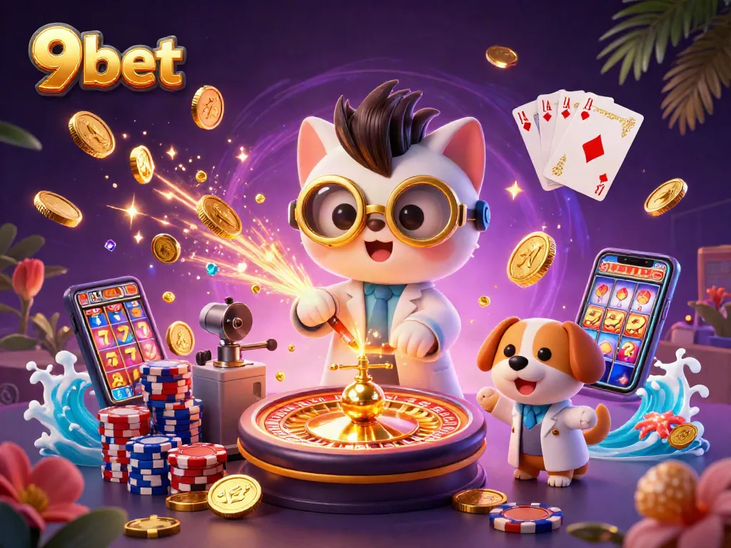 Experience 9bet's thrilling casino games with golden coins and a mad scientist cat in a vibrant scene.