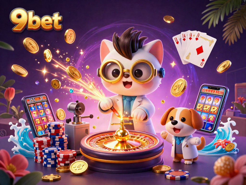 Experience 9bet's thrilling casino games with golden coins and a mad scientist cat in a vibrant scene.