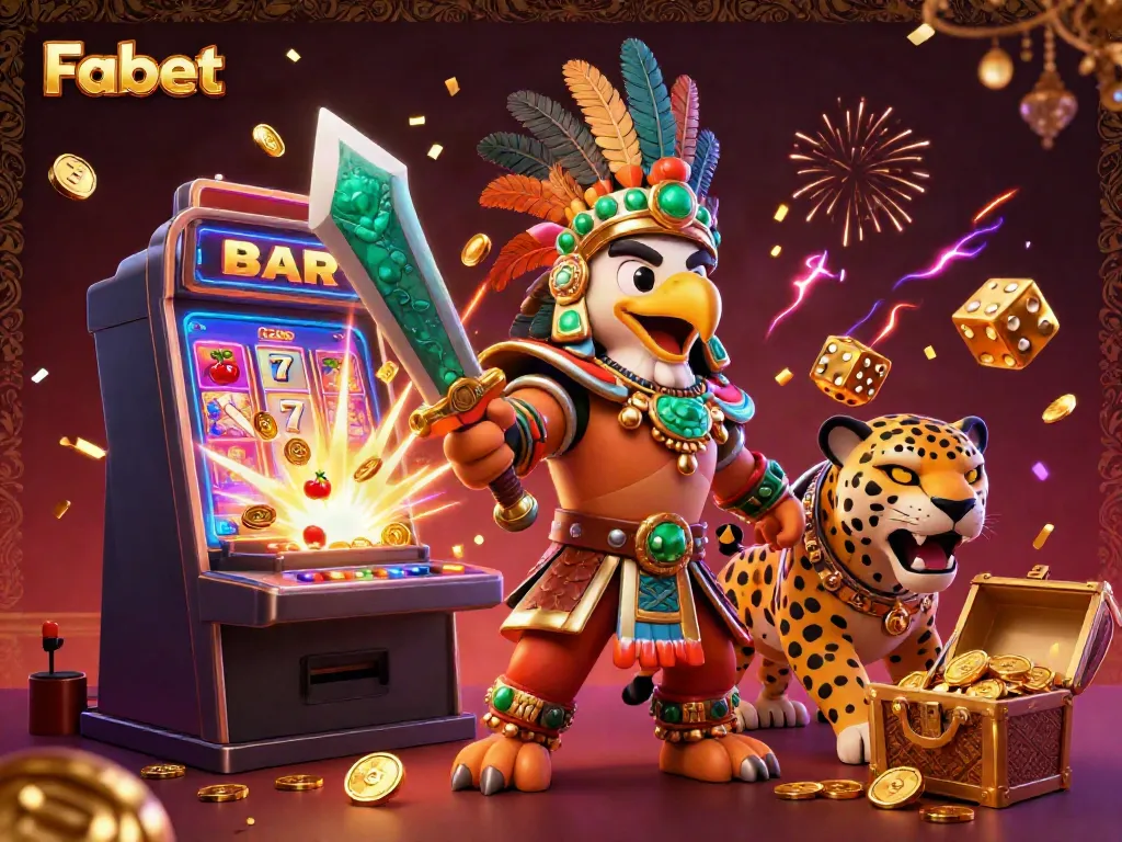 Experience the thrill of winning at Fabet with a dynamic casino-themed 3D scene featuring Aztec warriors.
