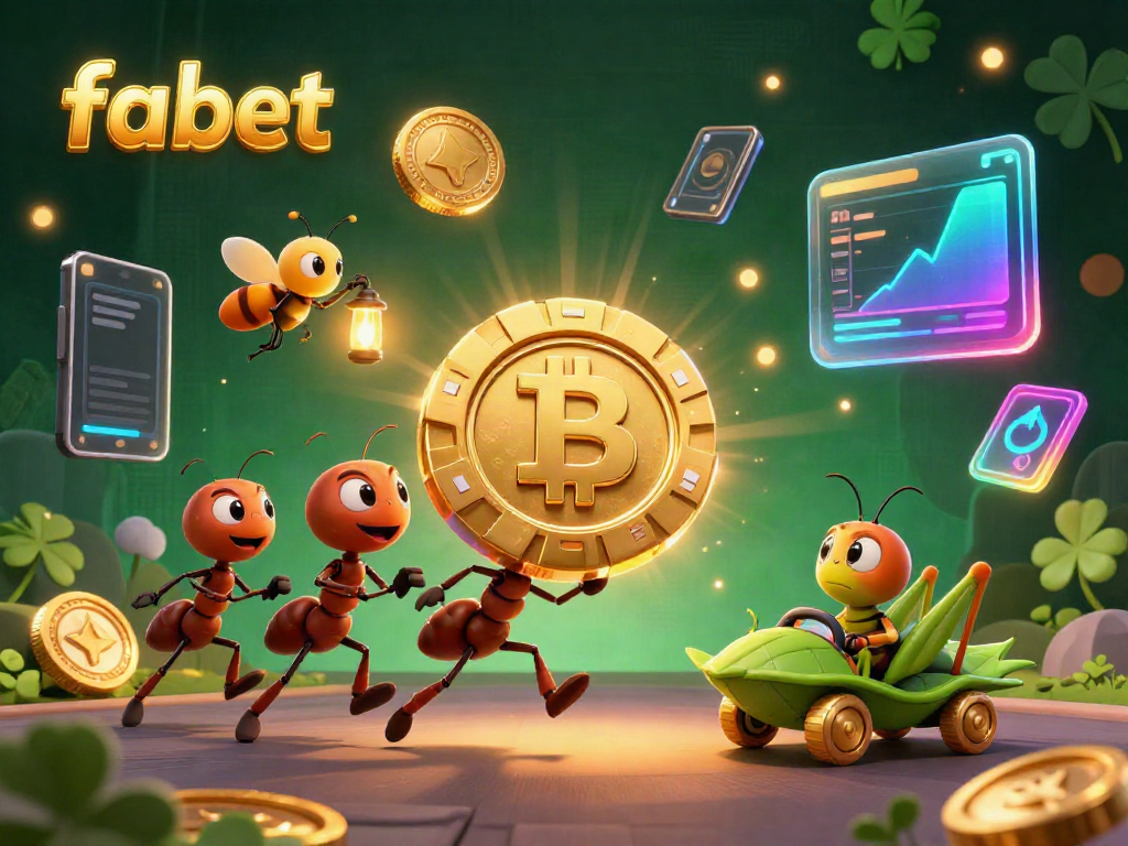 Fabet's adventurous ants strategically transport a massive poker chip in a vibrant casino heist scene.