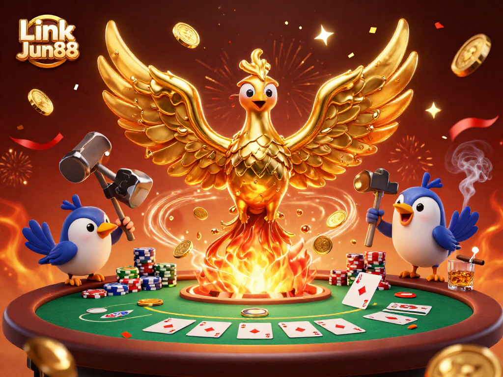 Play exciting games at Link Jun88 with a vibrant casino-themed illustration highlighting bonuses and fun.