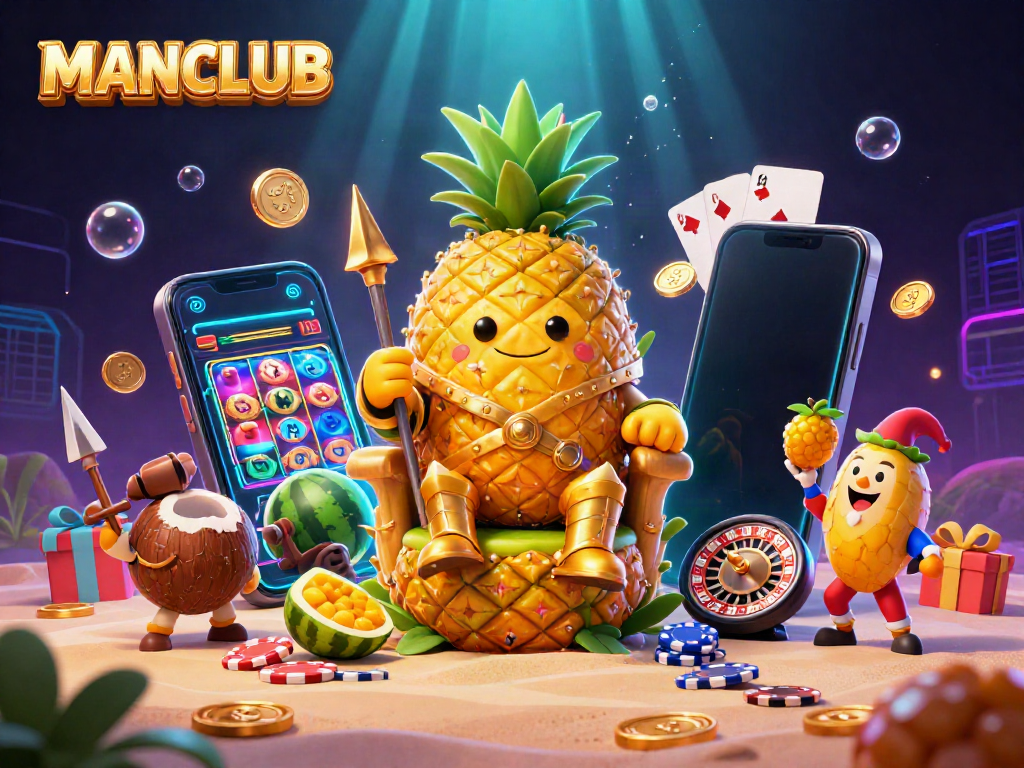 Engage with MANCLUB as you explore the vibrant beach casino scene featuring a golden pineapple king and dynamic game elements.