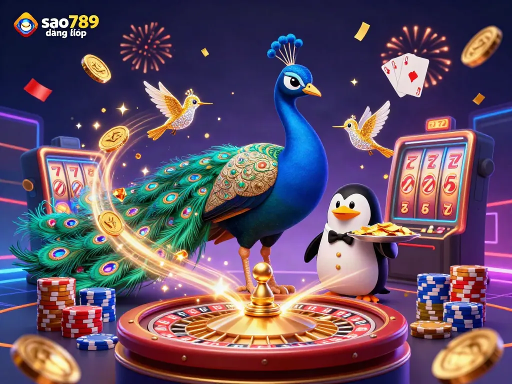 Experience the thrill of sao789 đăng nhập as vibrant characters celebrate with golden chips and casino elements.