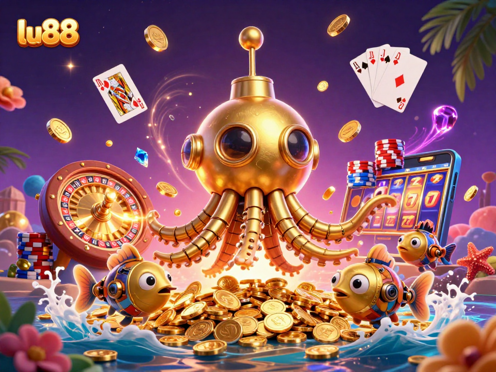 Join the excitement at lu88 with a golden kraken submarine and dazzling casino elements.