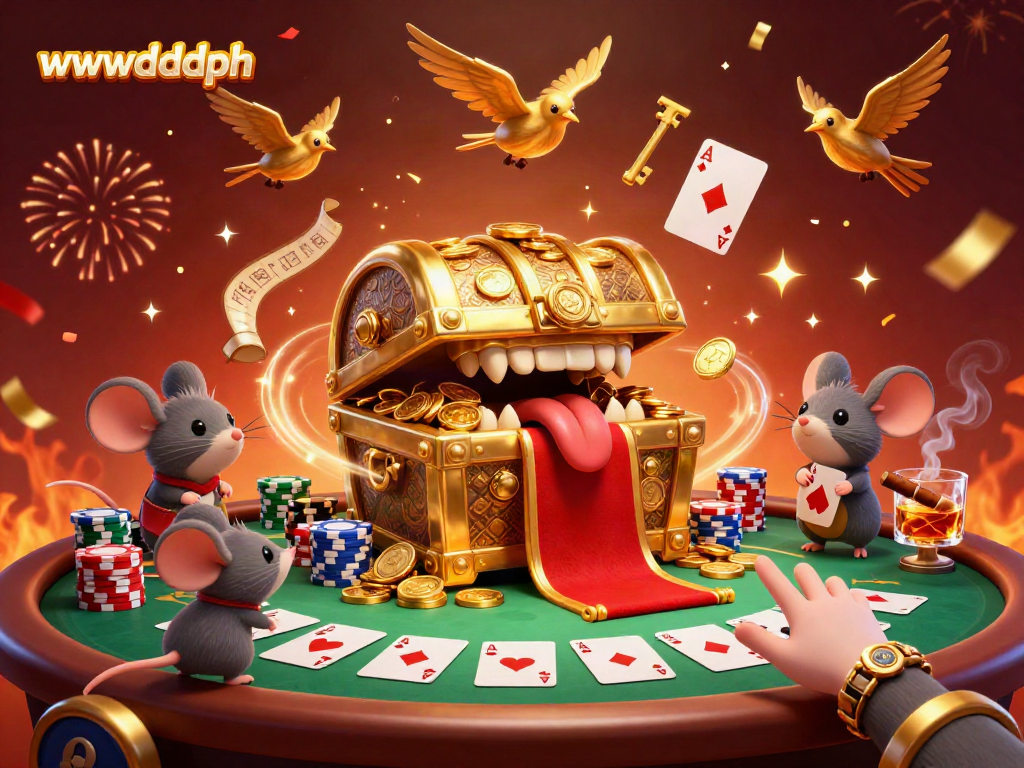 Experience thrilling gameplay at wwwdddph with a vibrant 3D illustration of a treasure chest enticing adventurer mice.