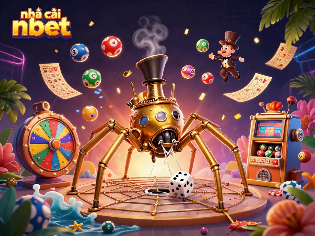Experience the excitement at nhà cái nbet with vibrant visuals of games, colorful lottery elements, and a whimsical steampunk scene.