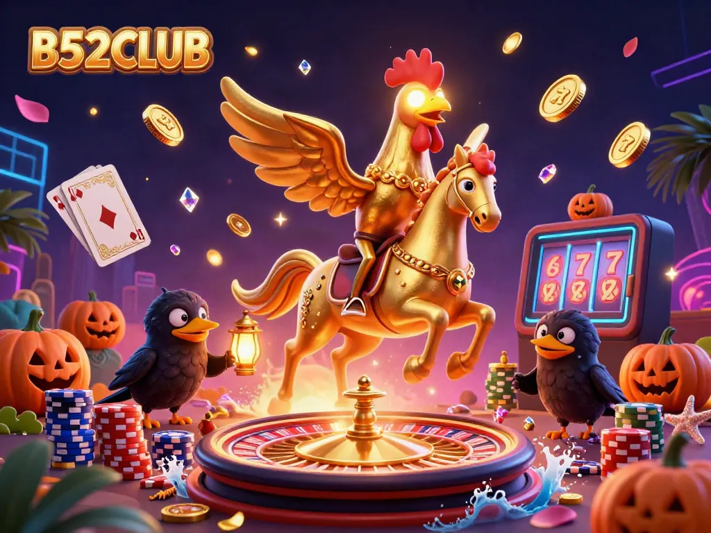 B52CLUB's dynamic casino scene featuring a golden rooster on a spectral horse amidst a flurry of casino elements.