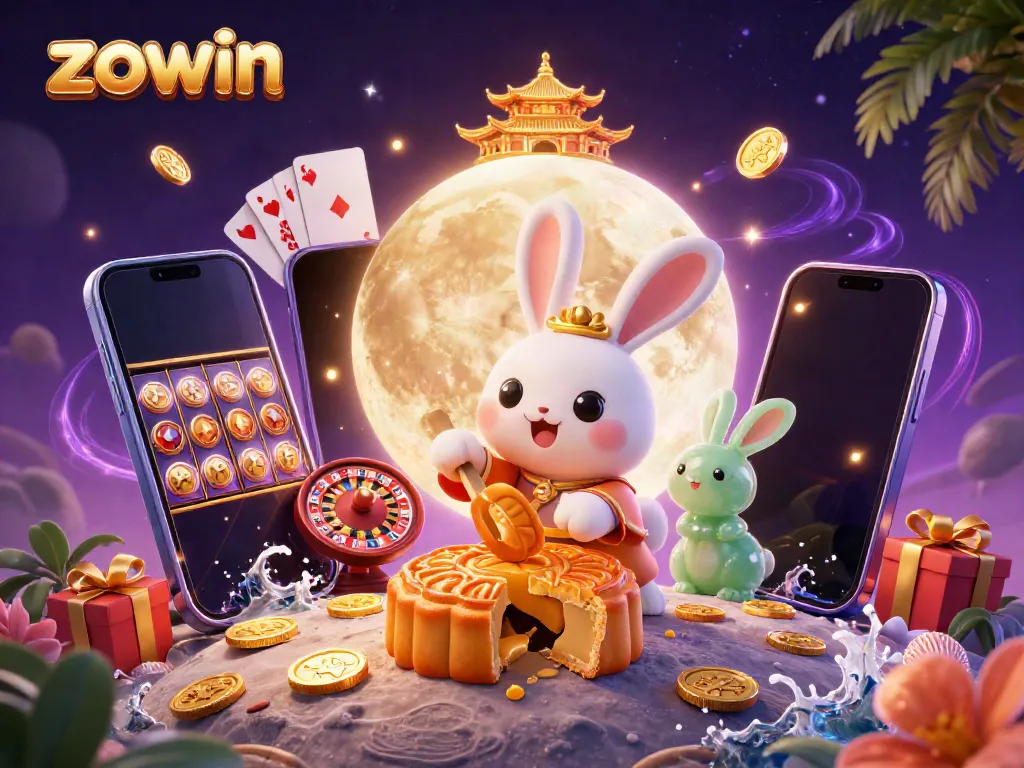 Zowin's dynamic 3D universe features a moon rabbit revealing poker chips and a jade companion amidst casino games.
