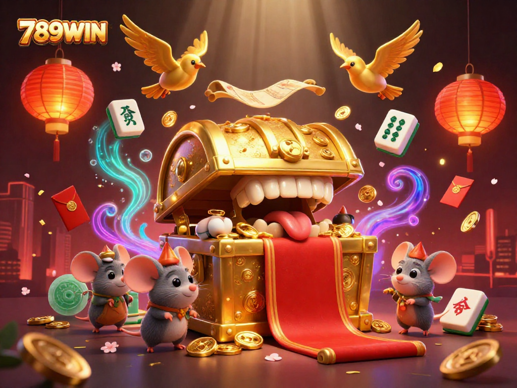 Experience excitement at 789WIN with a vibrant 3D illustration of treasure and gaming elements.