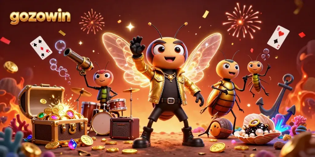 Gozowin animated casino scene showcasing vibrant characters and treasure elements in a dynamic celebration.