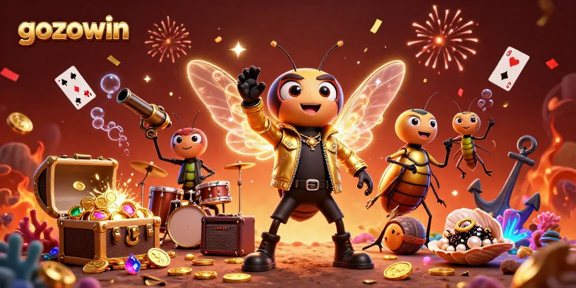 Gozowin animated casino scene showcasing vibrant characters and treasure elements in a dynamic celebration.
