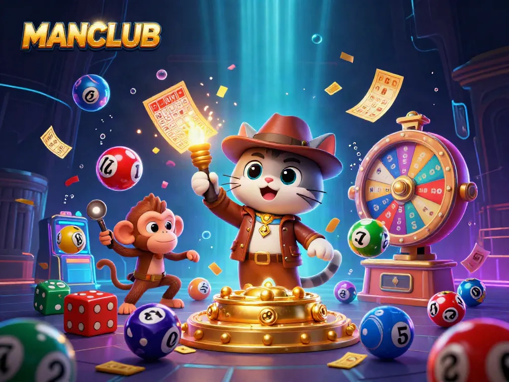 Engaging illustration of MANCLUB’s casino adventure with colorful games and dynamic prize elements.