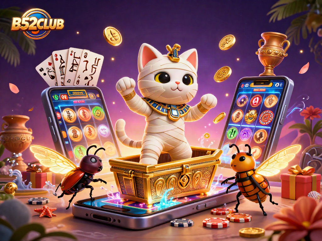 B52CLUB showcases a lively casino scene with a mummy cat and glowing scarab amidst dynamic gaming elements.