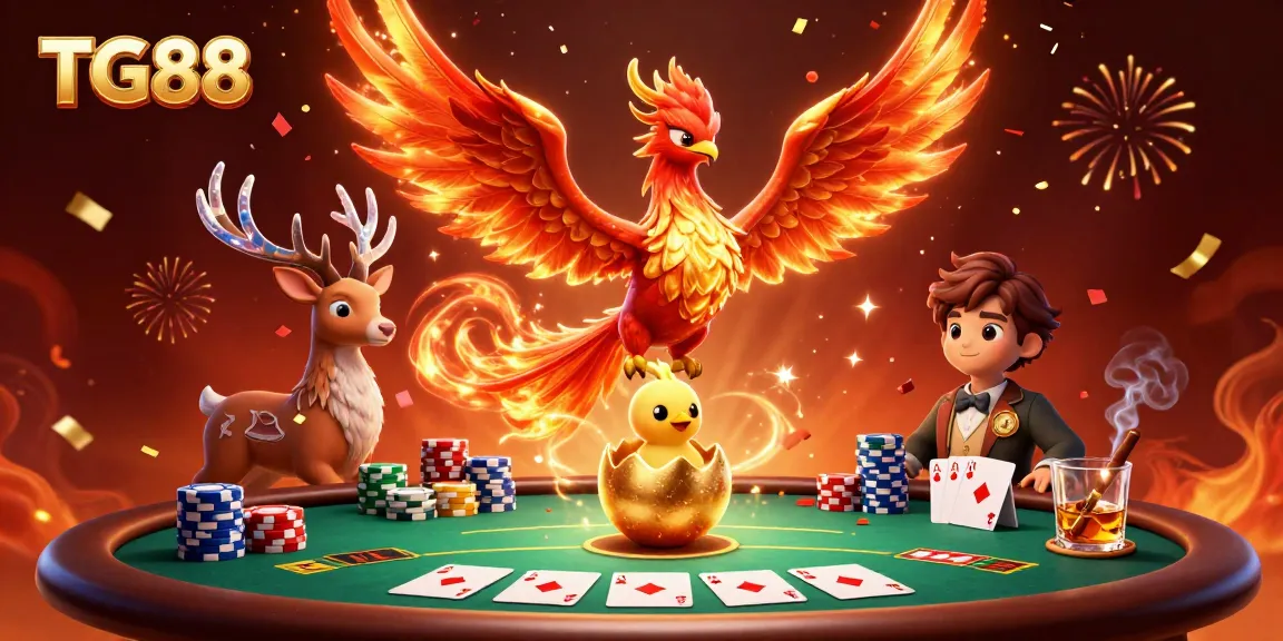 Engage with the excitement of TG88, featuring a mystical fire phoenix and poker elements creating a thrilling casino atmosphere.