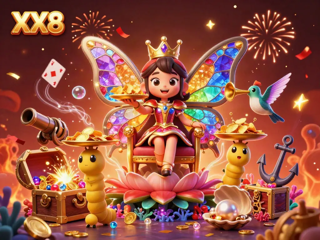 Experience XX8's vibrant casino gameplay with a 3D butterfly queen and golden treasures.