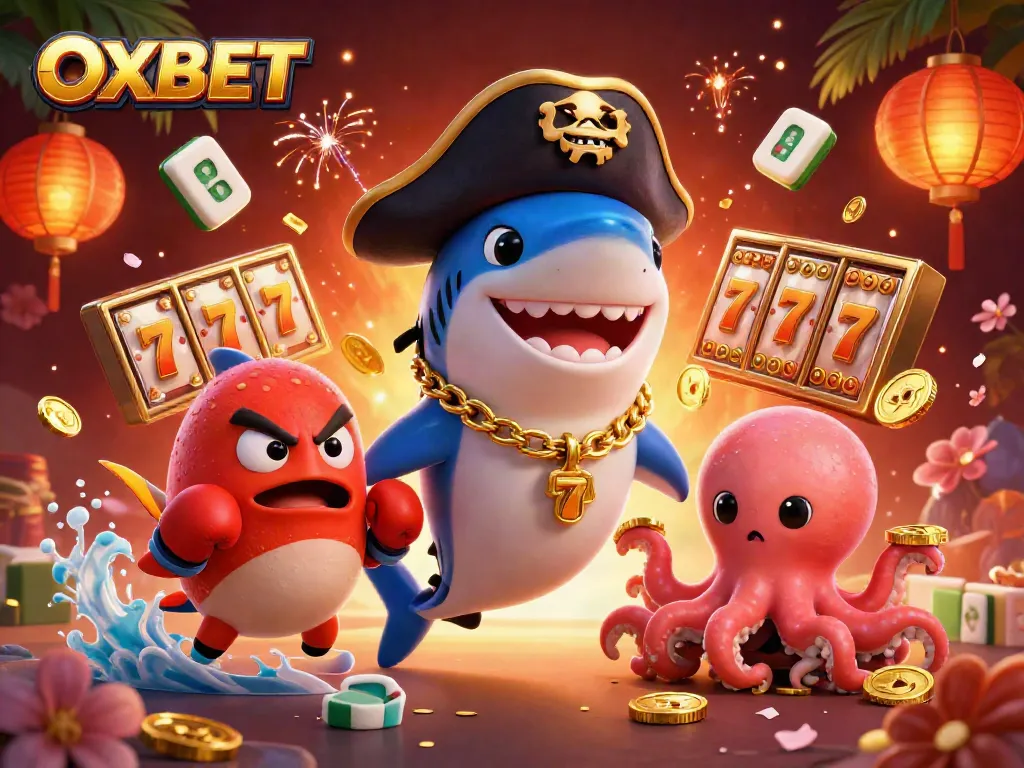 Experience the thrill of OXBET with vibrant casino-themed illustrations packed with fun characters and game elements.