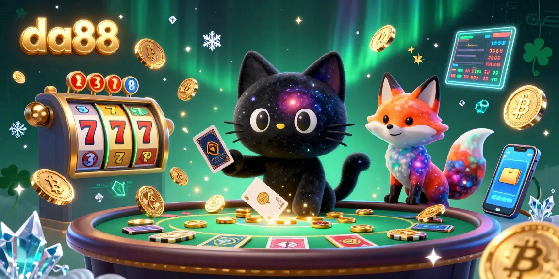 Experience the vibrant cosmic casino charm of da88 with a black hole cat and nebula fox in an energy-filled scene.
