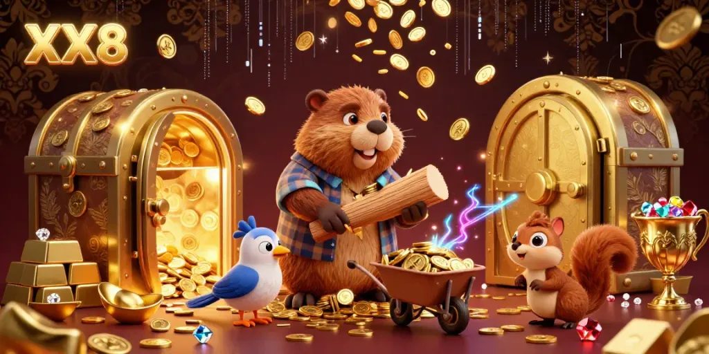 Experience thrilling chances with the XX8-themed cartoon scene showcasing a playful beaver among golden treasures.