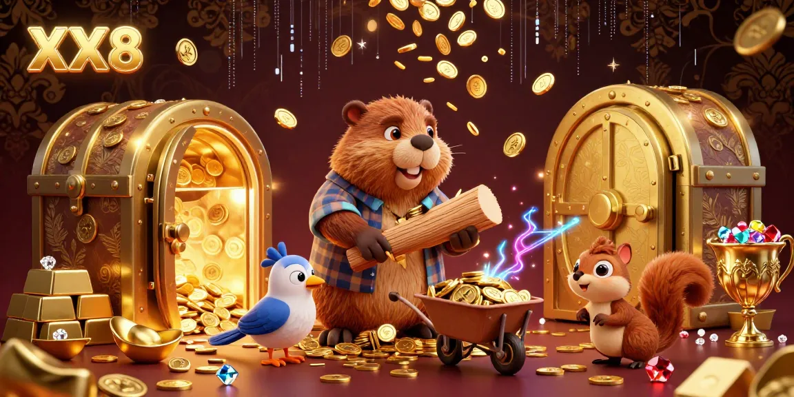 Experience thrilling chances with the XX8-themed cartoon scene showcasing a playful beaver among golden treasures.