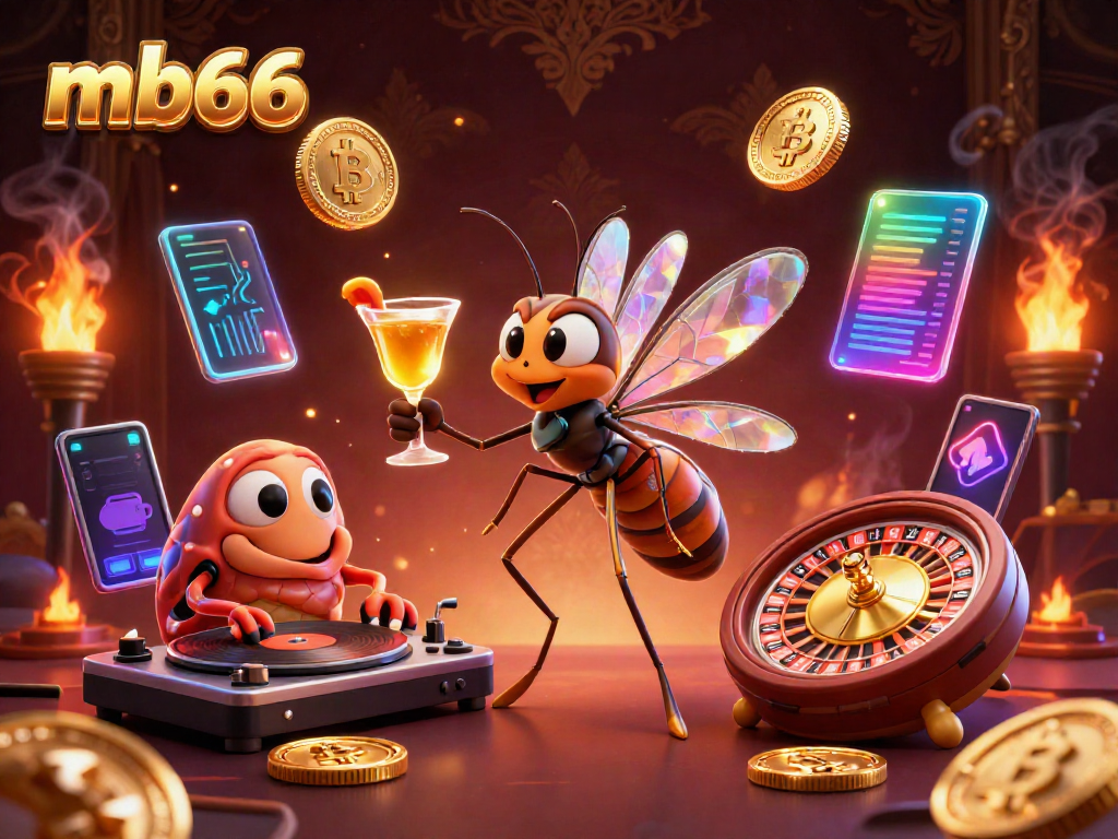 Experience mb66's exciting casino adventures with a vibrant 3D scene showcasing unique characters and crypto elements.