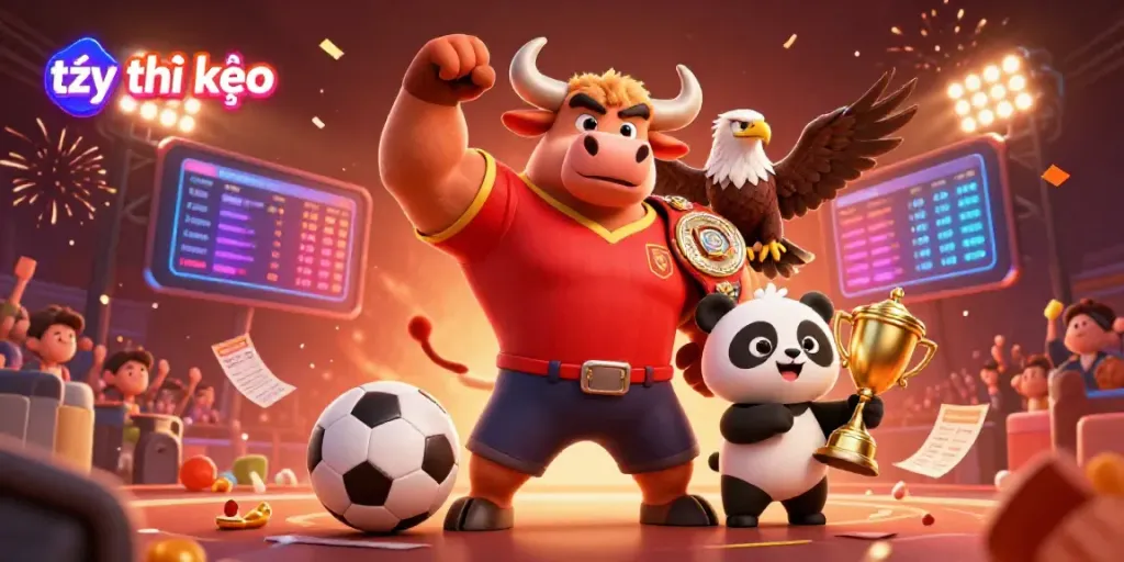 Celebrate the thrill of sports betting with tỷ lệ kèo showcasing the bull mascot, eagle, and panda in a festive atmosphere.