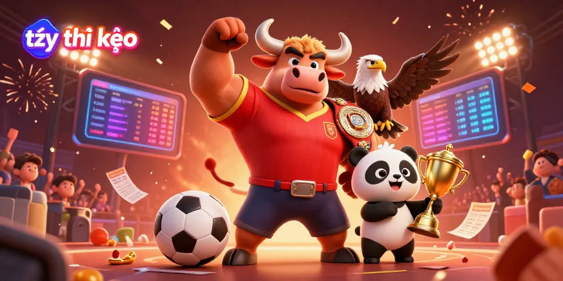 Celebrate the thrill of sports betting with tỷ lệ kèo showcasing the bull mascot, eagle, and panda in a festive atmosphere.