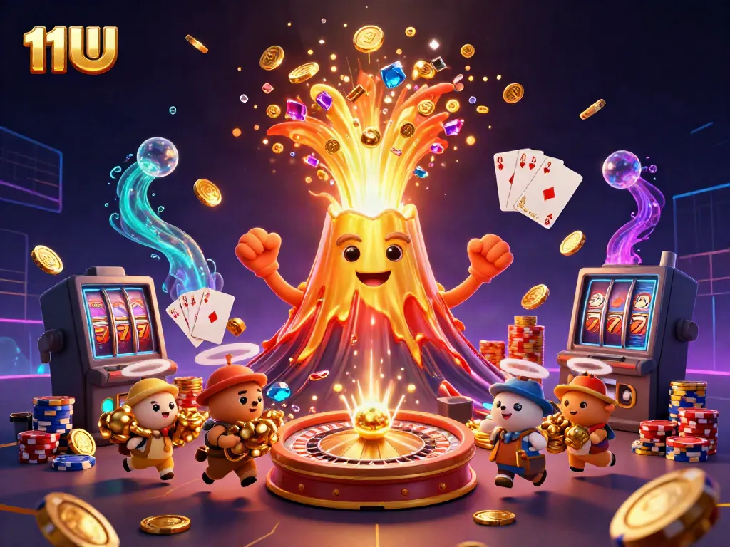 Engage with 11UU's vibrant golden volcano erupting coins and adventure-filled treasures.