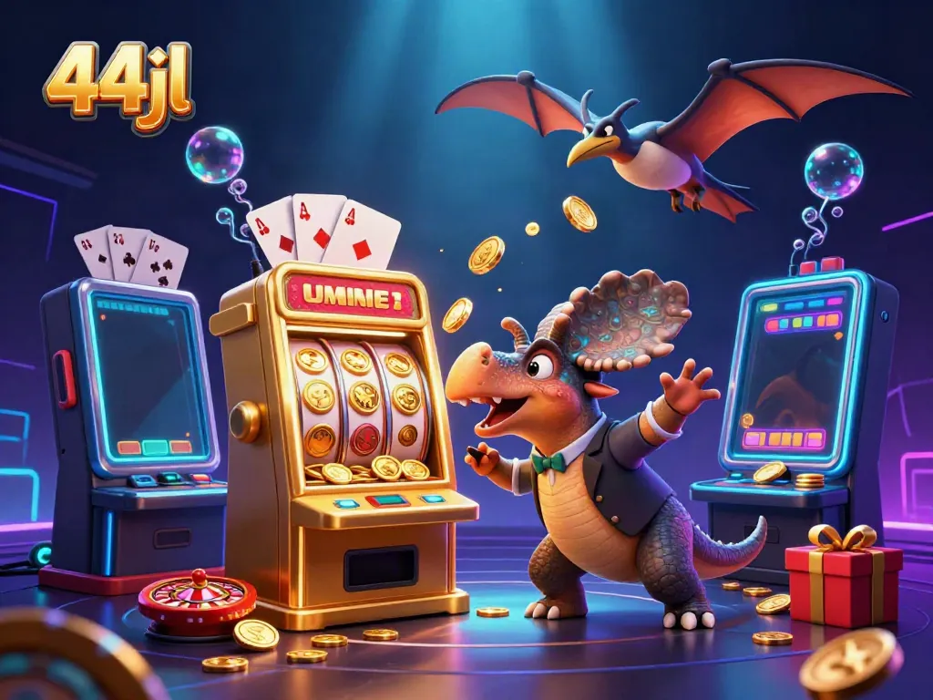 Experience jackpot fun with 44jl as a pachycephalosaurus celebrates wins at a colorful slot machine.
