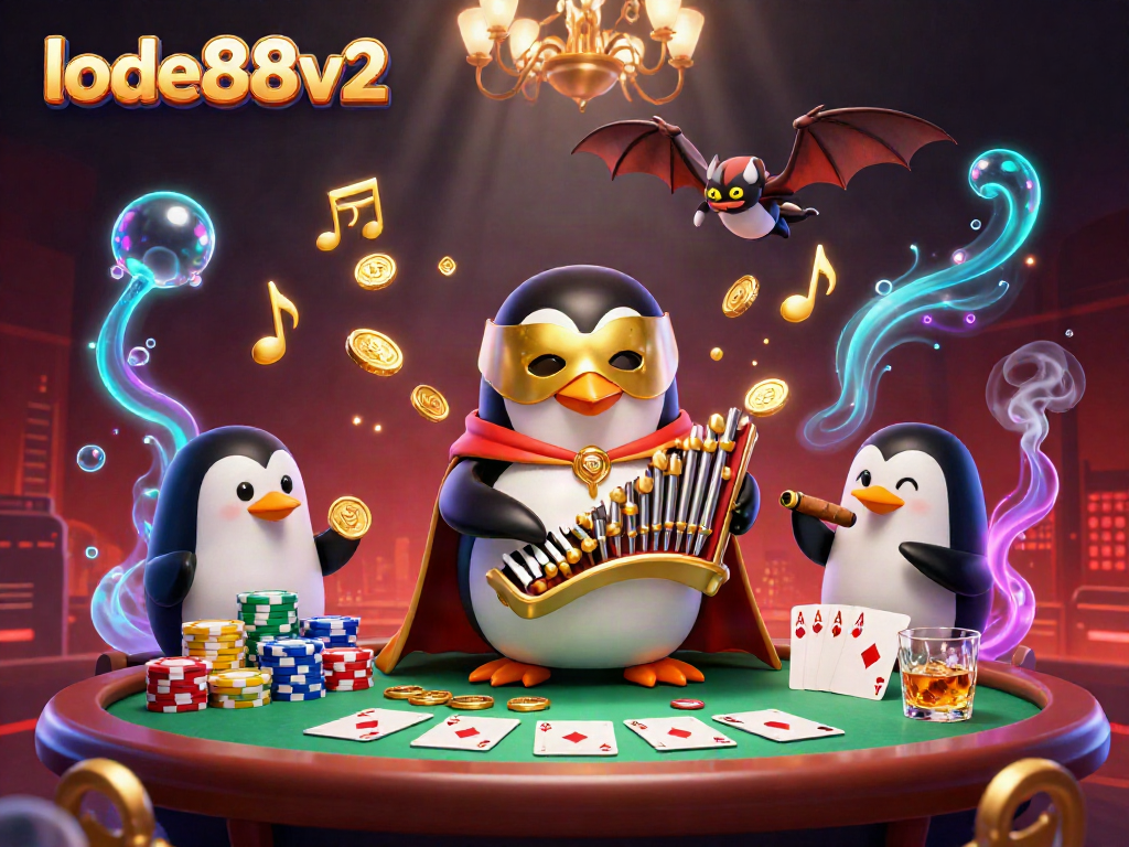 Engage in the thrilling world of lode88v2 with a vibrant casino scene featuring a penguin playing an organ shooting coins.